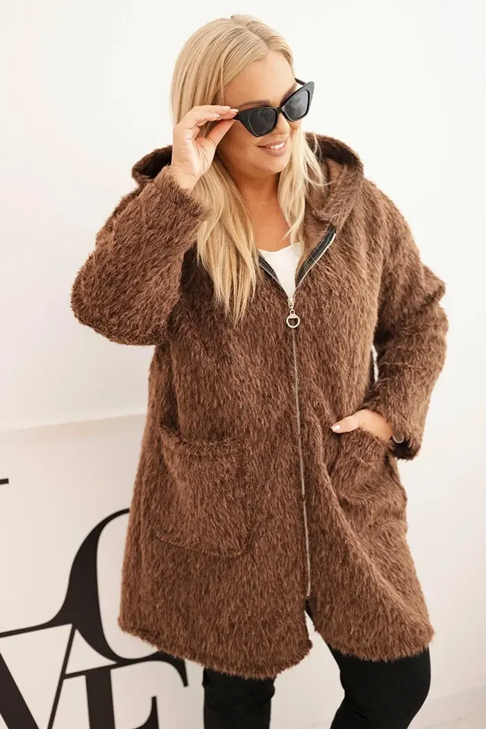 Kesi Włoski Dámsky kabát Plus Size z viskózy na zips s kapucňou hnedý