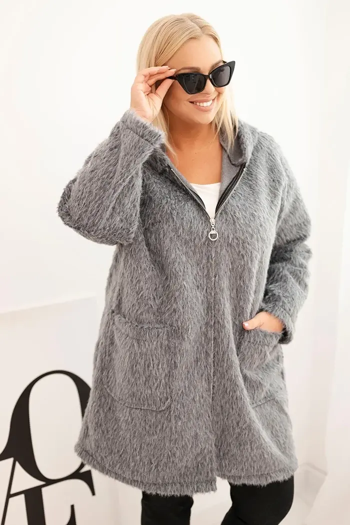 Kesi Włoski Dámsky kabát Plus Size z viskózy na zips s kapucňou šedý