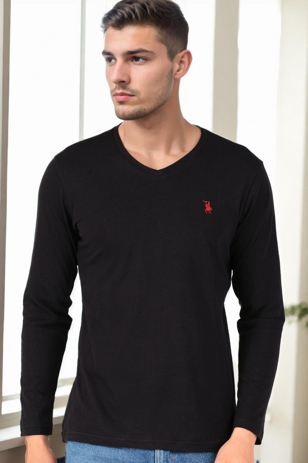 T9587 DEWBERRY V-NECK MEN'S LONG SLEEVE T-SHIRT-BLACK