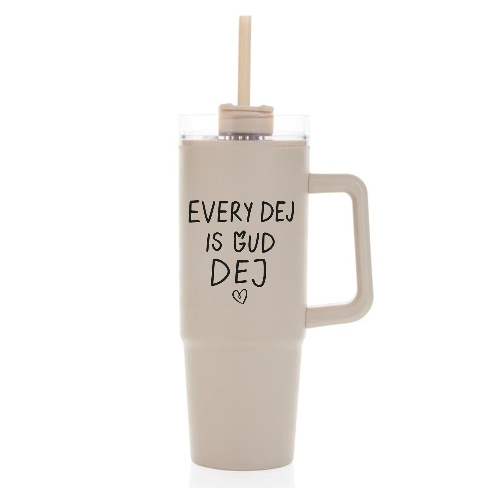 EVERY DEJ IS GUD DEJ - béžový cestovní hrnek s průhledným víčkem 900 ml