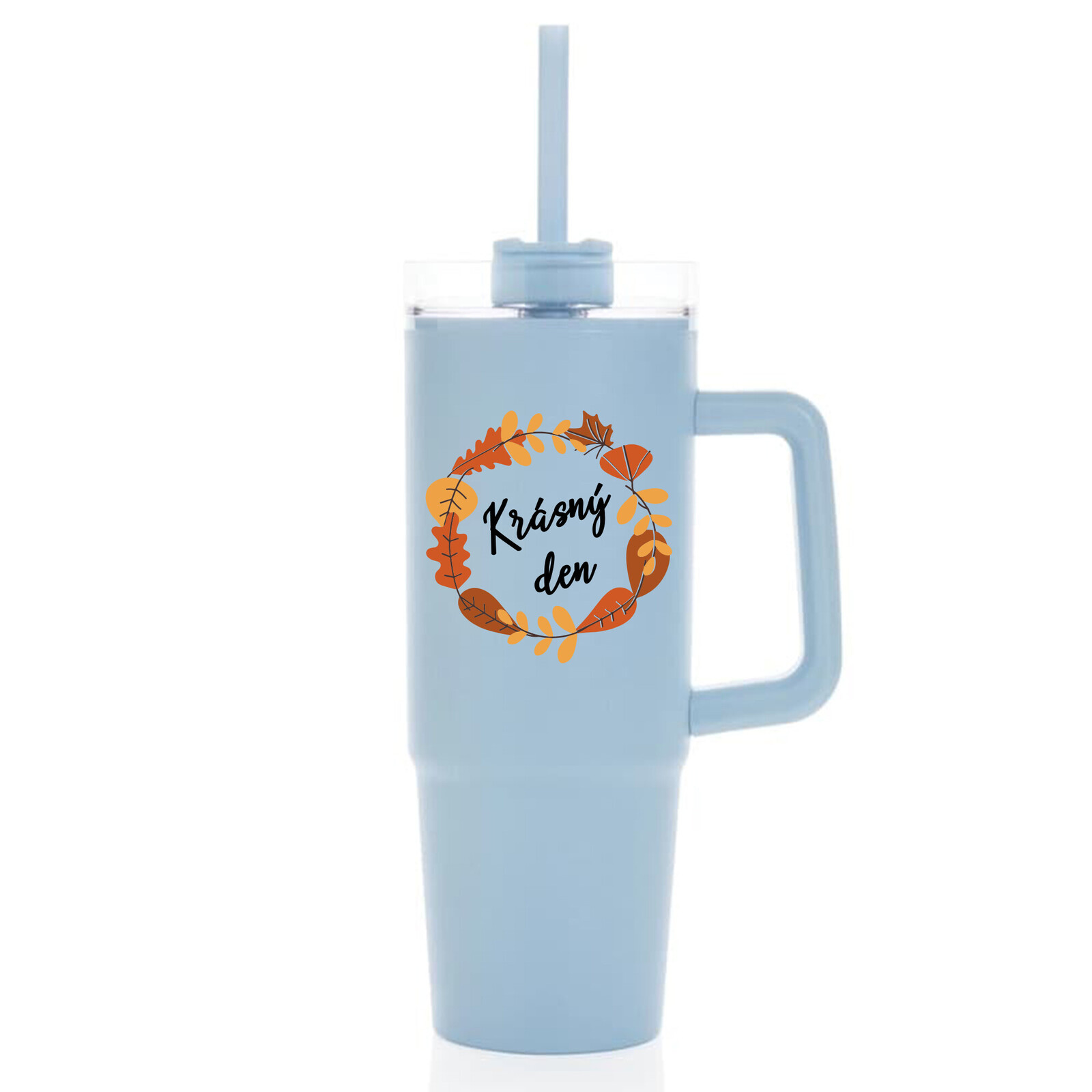 KRÁSNÝ DEN (PODZIM) - světle modrý cestovní termohrnek s průhledným víčkem 900 ml