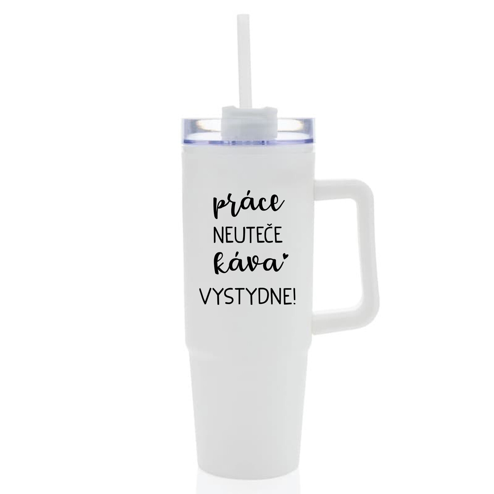 PRÁCE NEUTEČE, KÁVA VYSTYDNE! - bílý cestovní termohrnek s průhledným víčkem 900 ml
