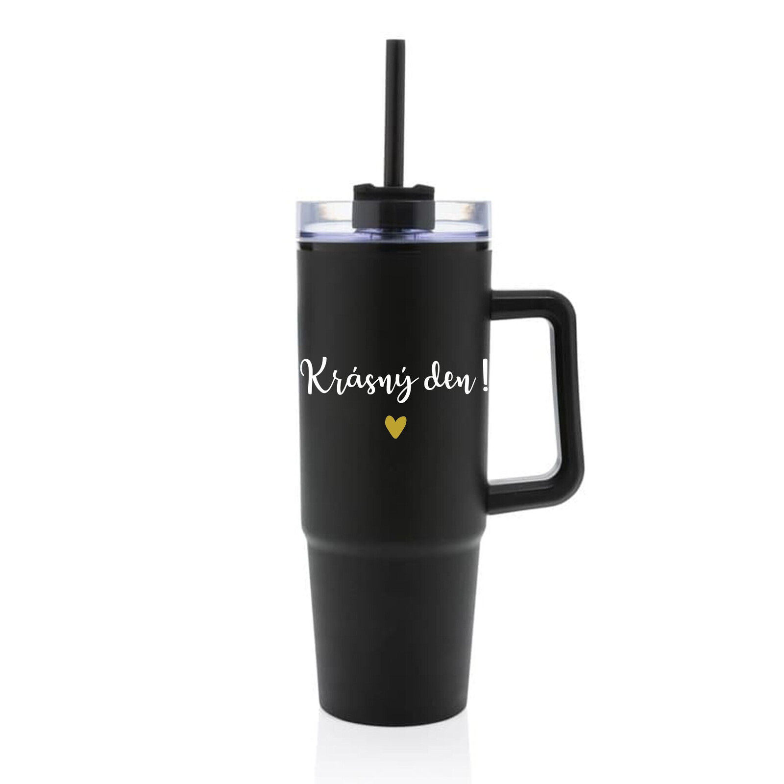 KRÁSNÝ DEN - černý cestovní termohrnek s průhledným víčkem 900 ml
