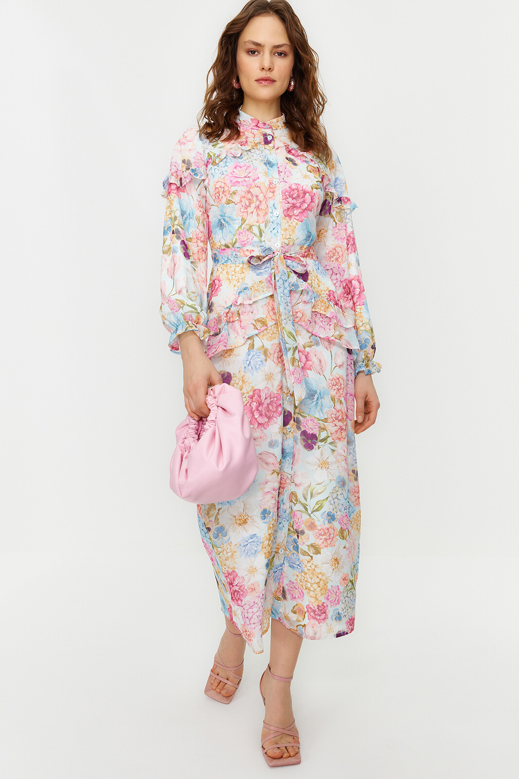 Trendyol Lilac Floral Ruffle Detail Lined Woven Chiffon Dress