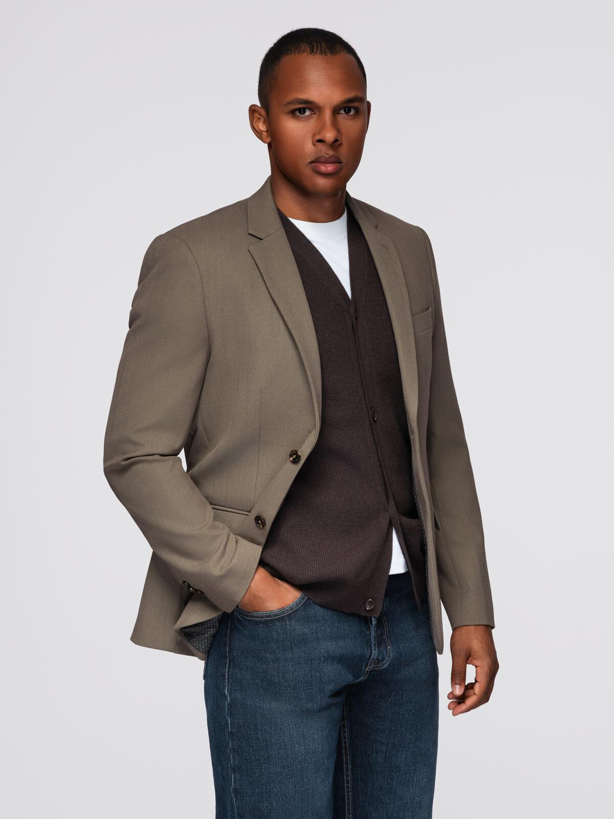 Ombre Men's elegant SLIM FIT jacket with rayon - olive