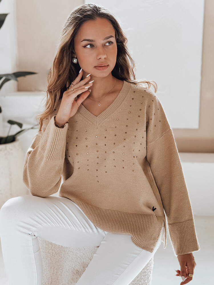 amski sweter z dekoltem V VERALIA kamelowy Dstreet