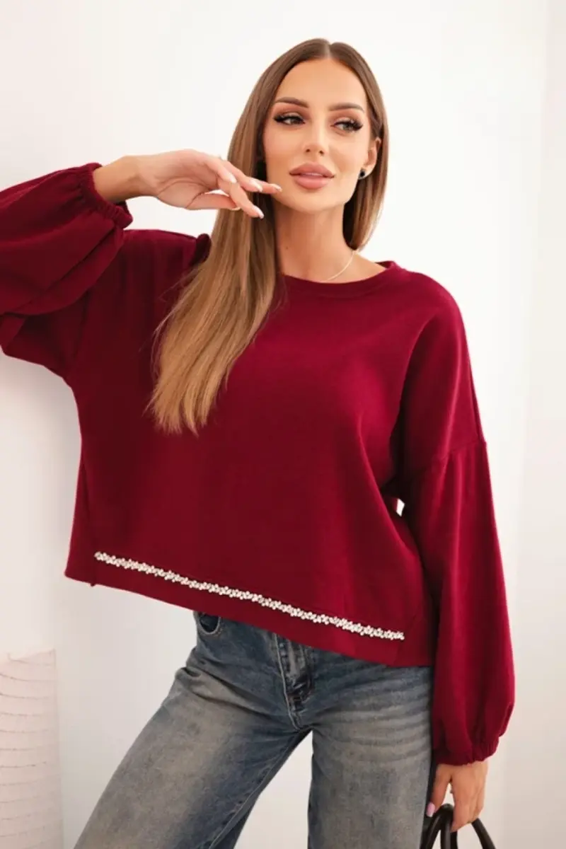 Kesi Włoski Dámska mikina s ozdobným zakončením dole bordová