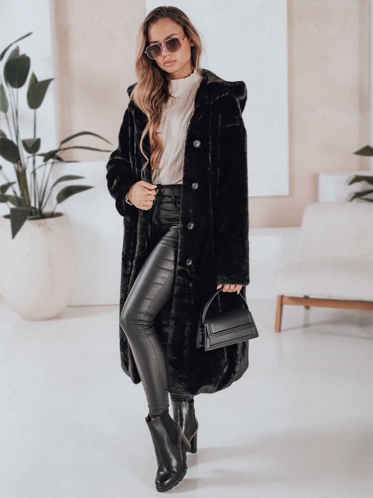 Płaszcz damski futerkowy HELLOCHIC długi czarny Dstreet