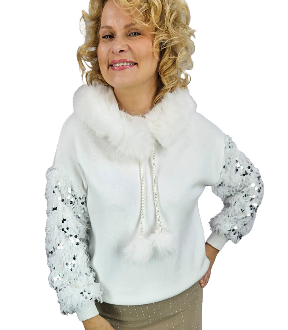 Pri Warm sweater sweatshirt with hood, detachable fur and feathers BOMBAY