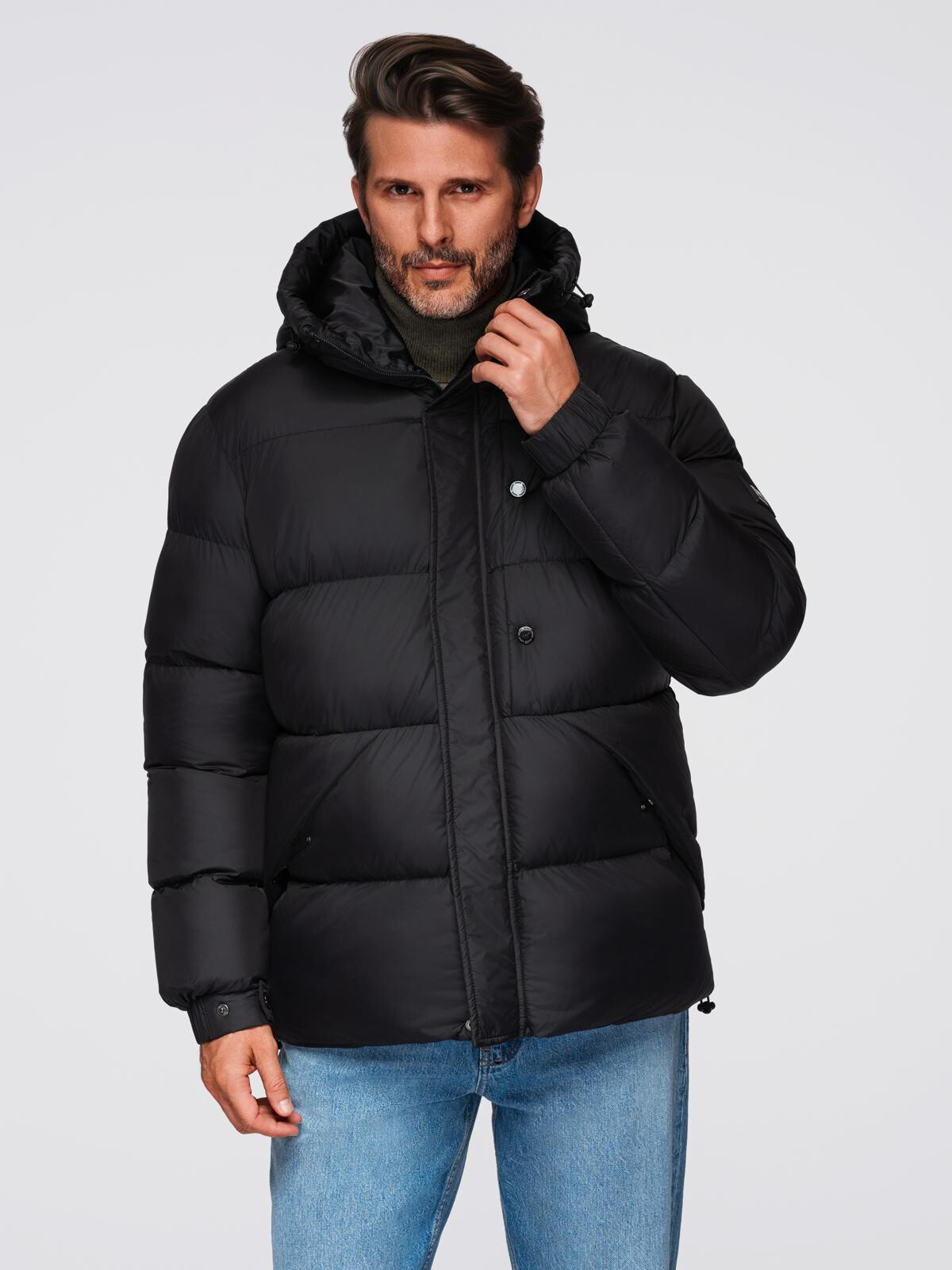 Ombre Men's quilted jacket with high zipped hood - black