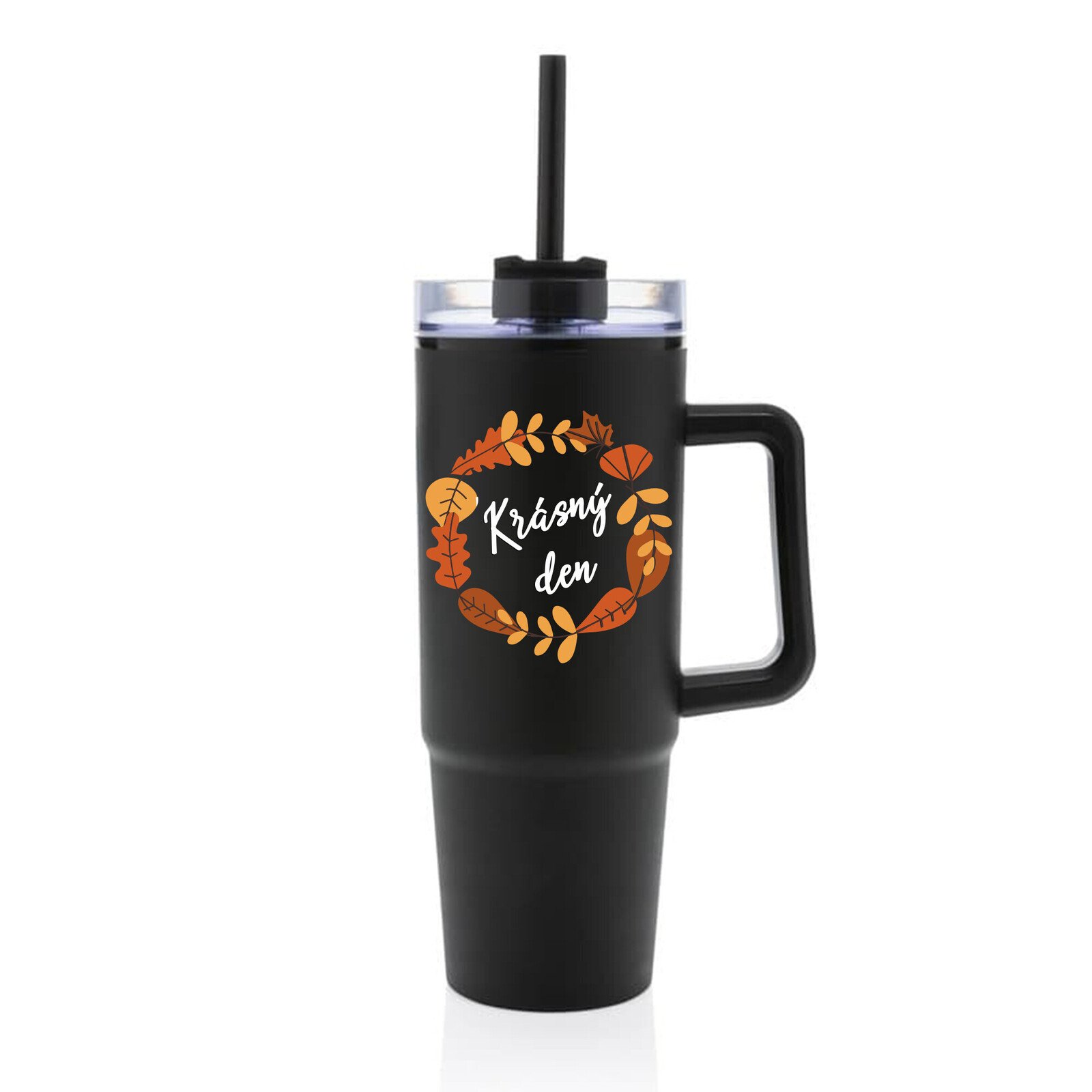 KRÁSNÝ DEN (PODZIM) - černý cestovní termohrnek s průhledným víčkem 900 ml