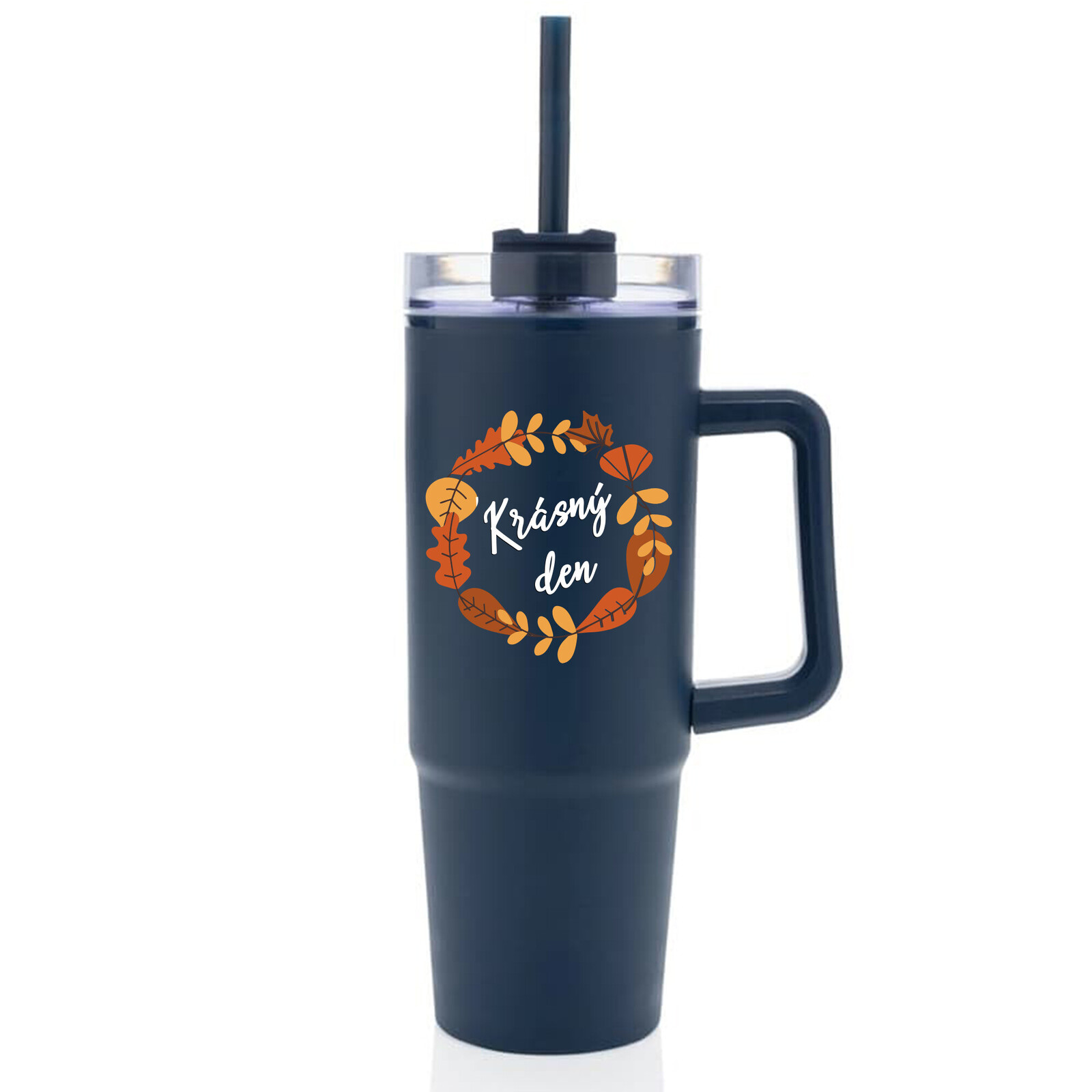 KRÁSNÝ DEN (PODZIM) - modrý cestovní termohrnek s průhledným víčkem 900 ml