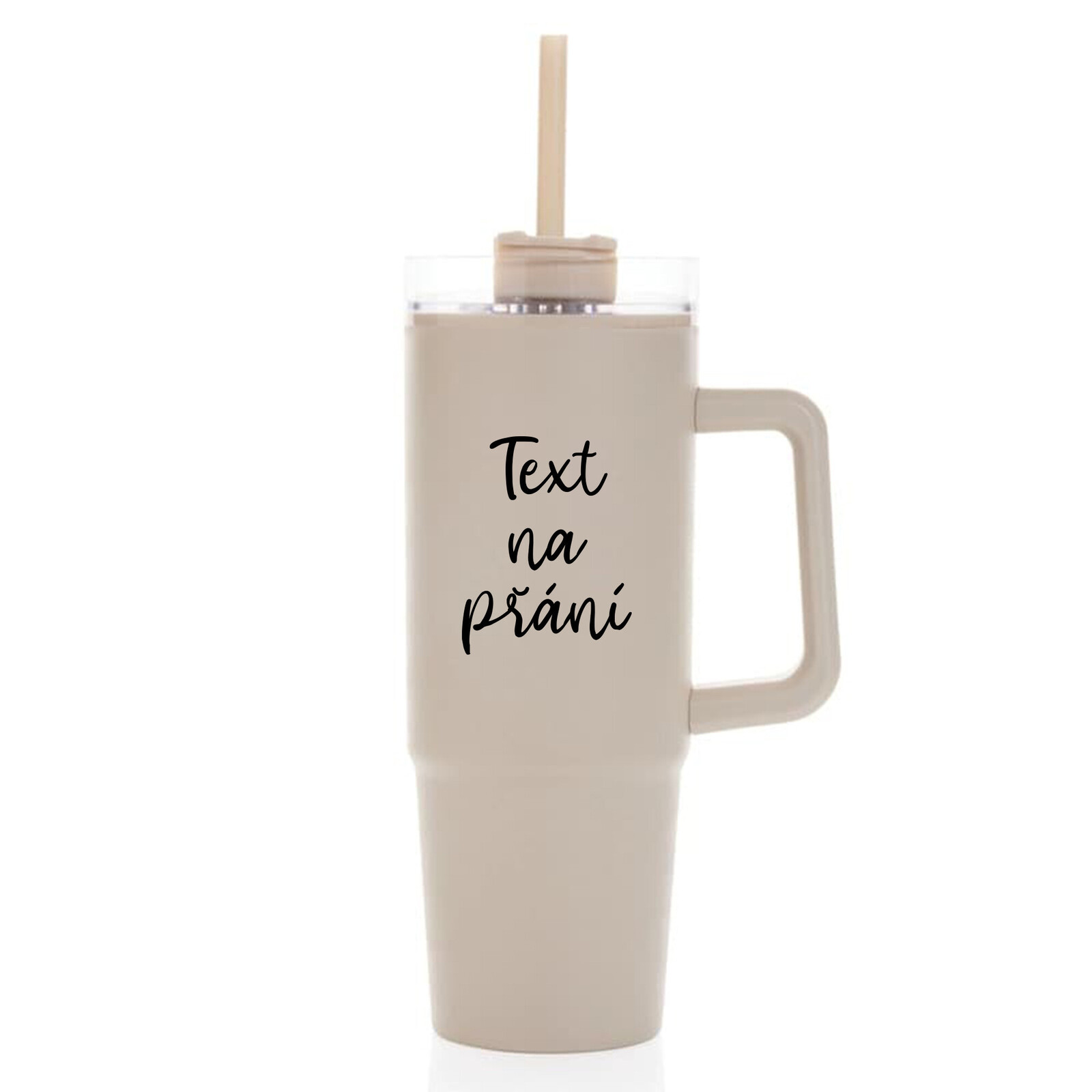 TEXT NA PŘÁNÍ - béžový cestovní termohrnek s průhledným víčkem 900 ml