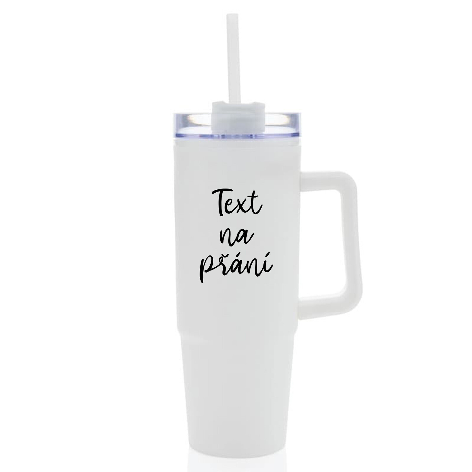 TEXT NA PŘÁNÍ - bílý cestovní termohrnek s průhledným víčkem 900 ml