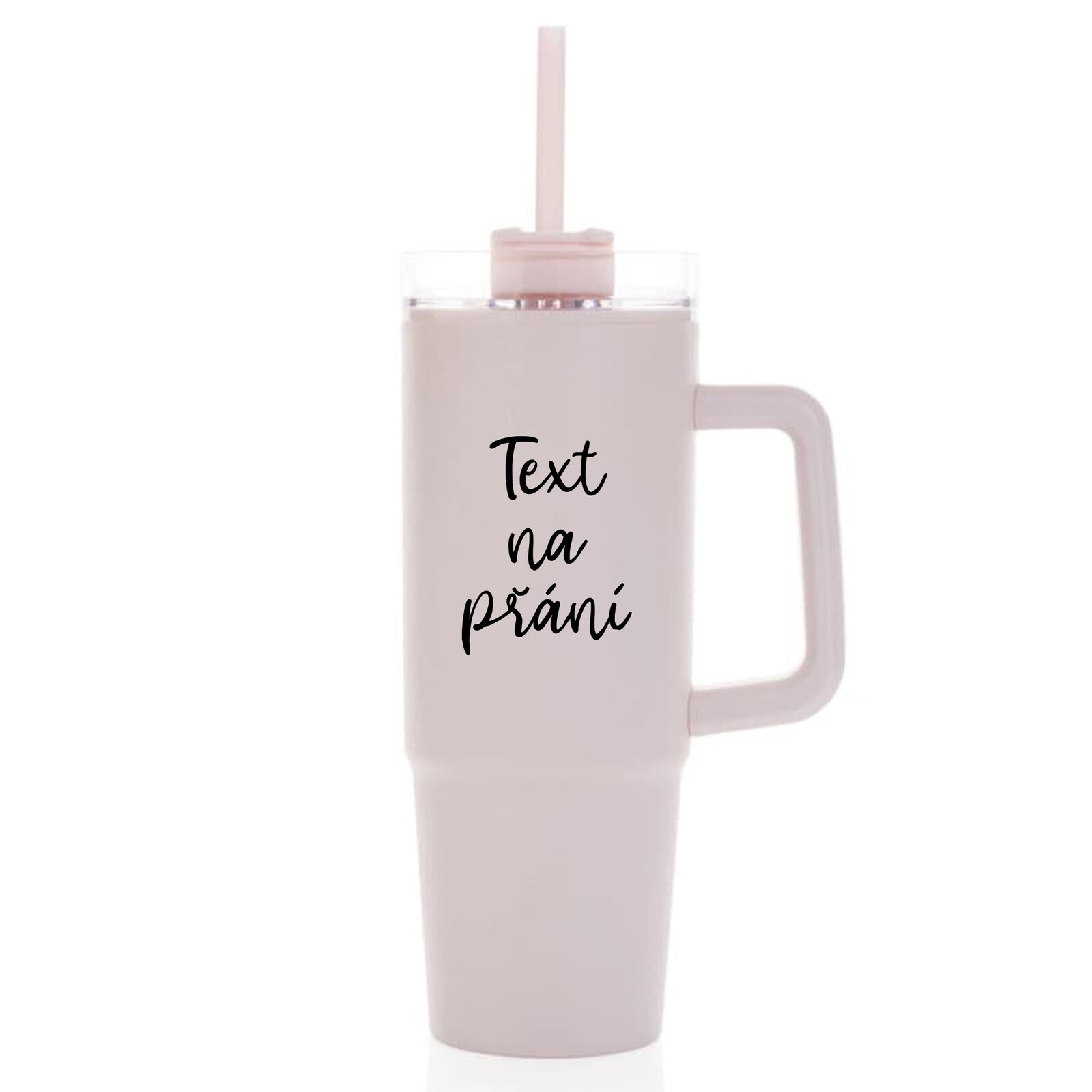 TEXT NA PŘÁNÍ - růžový cestovní termohrnek s průhledným víčkem 900 ml