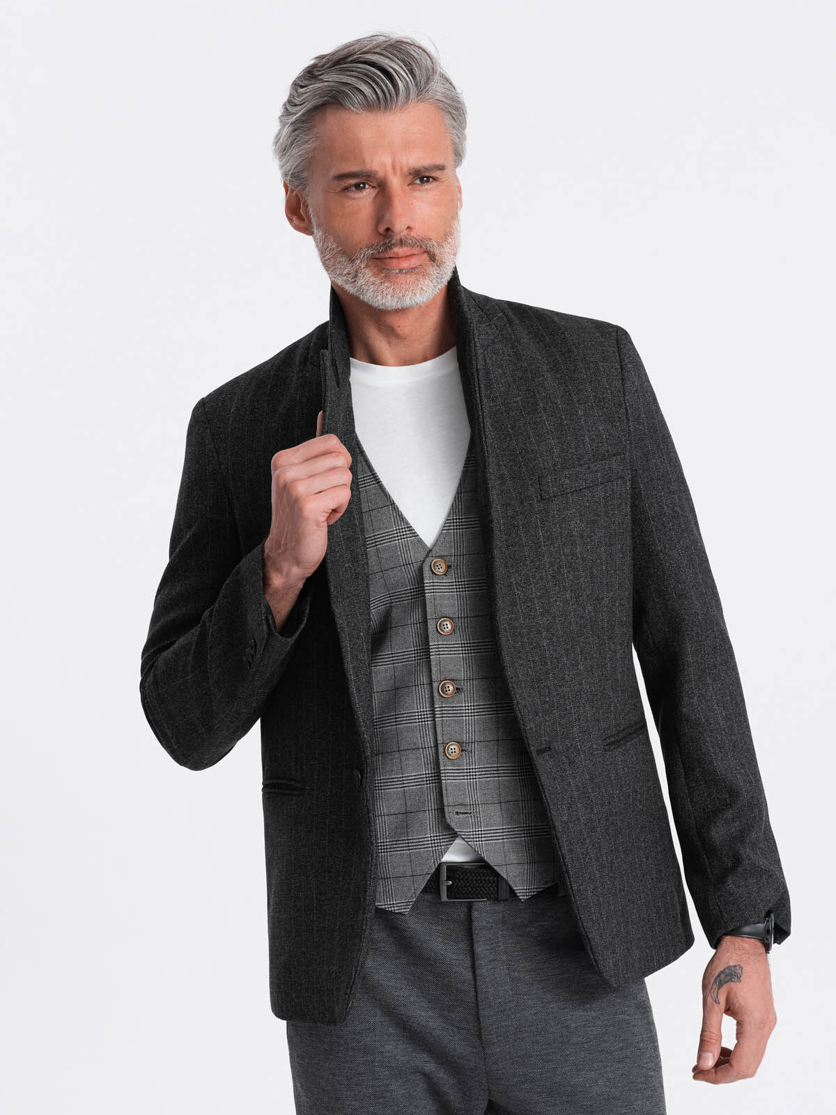 Ombre Stylish men's jacquard blazer with delicate stripes - graphite