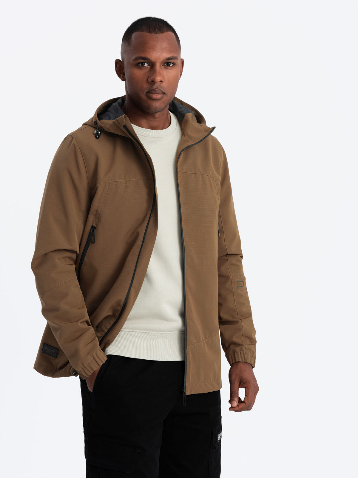 Ombre Men's lightweight storm jacket with hood - brown