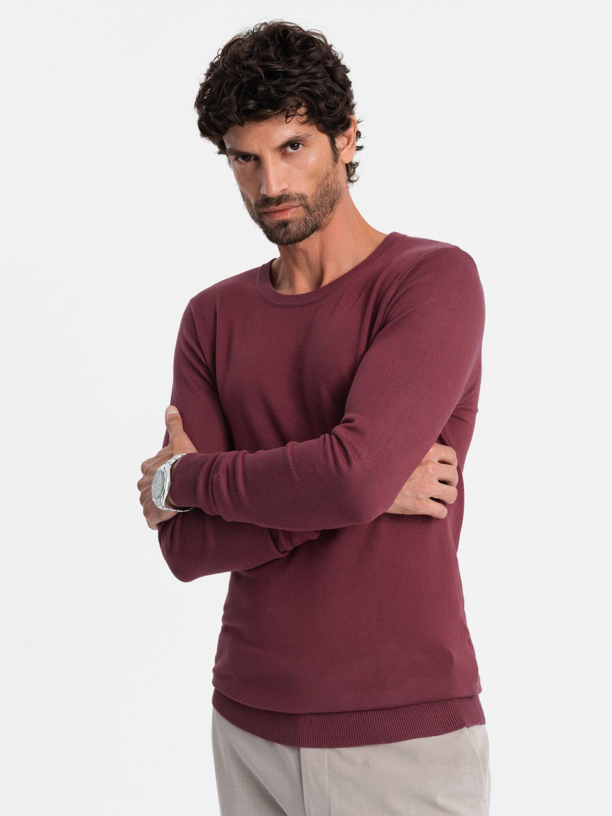Ombre BASIC men's viscose classic sweater with round neckline - maroon