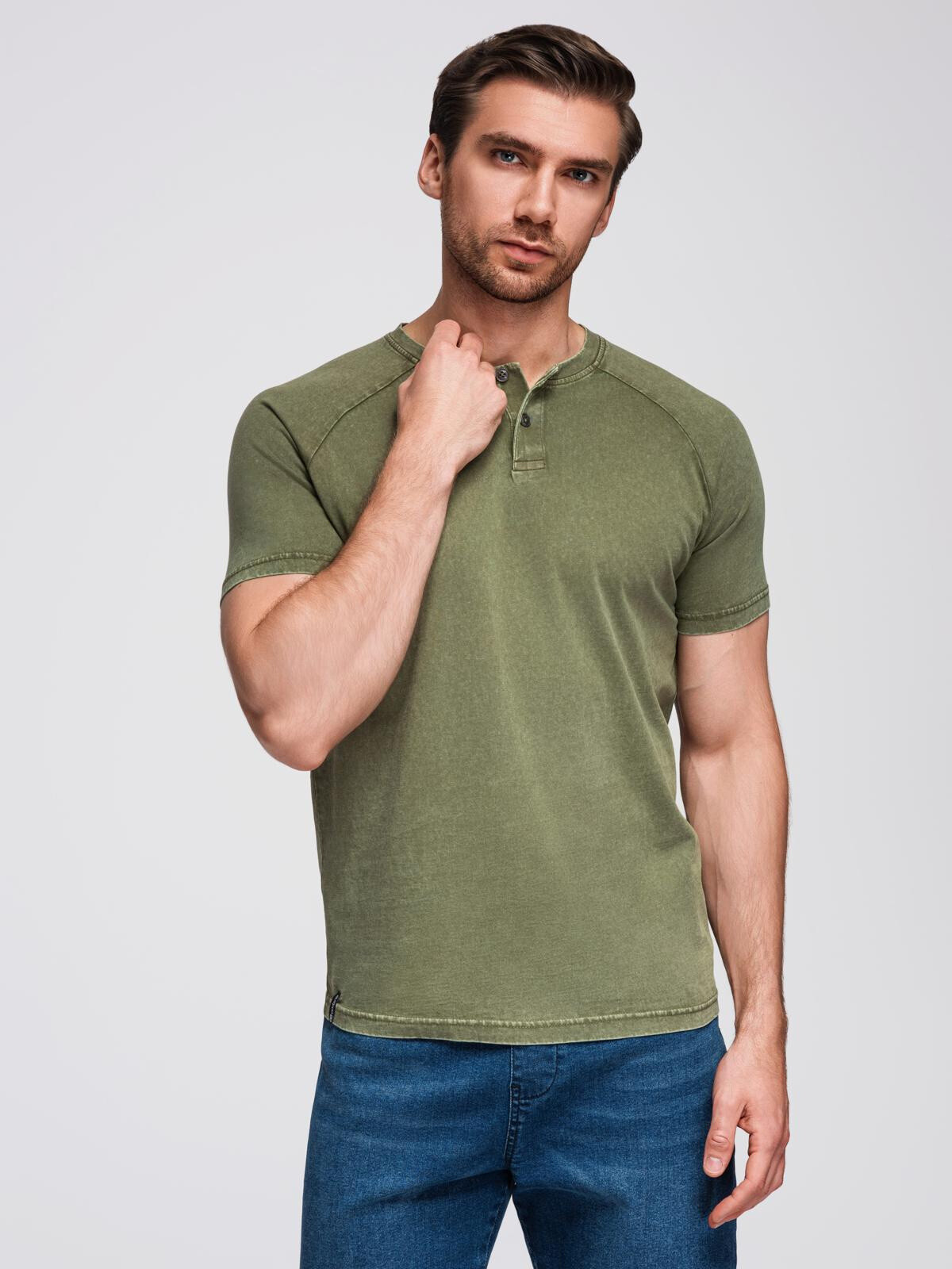 Ombre Men's t-shirt with wash effect and buttons at neckline - olive
