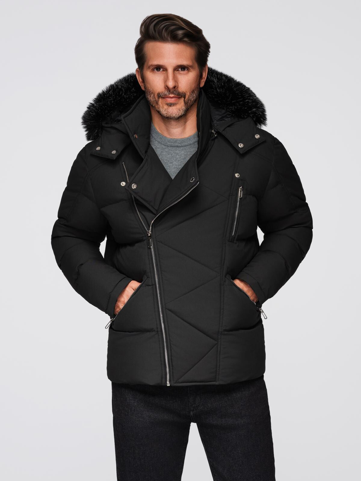 Ombre Men's quilted jacket with cut of ramoneski with hood - black