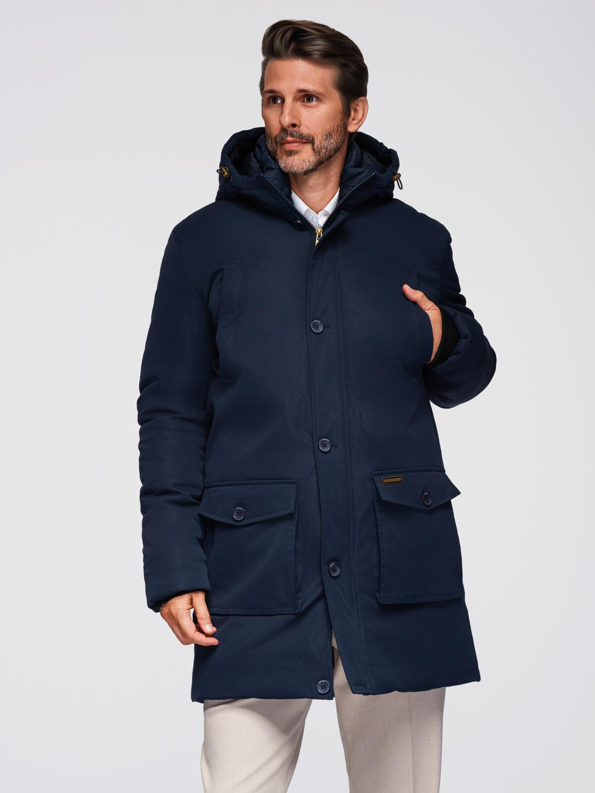 Ombre Elegant men's parka with cargo pockets and hood - navy blue