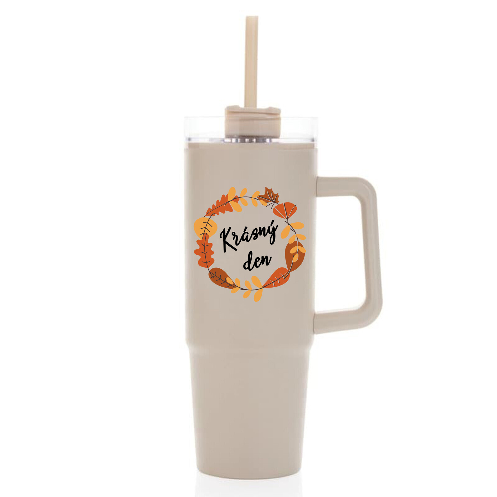KRÁSNÝ DEN (PODZIM) - béžový cestovní termohrnek s průhledným víčkem 900 ml