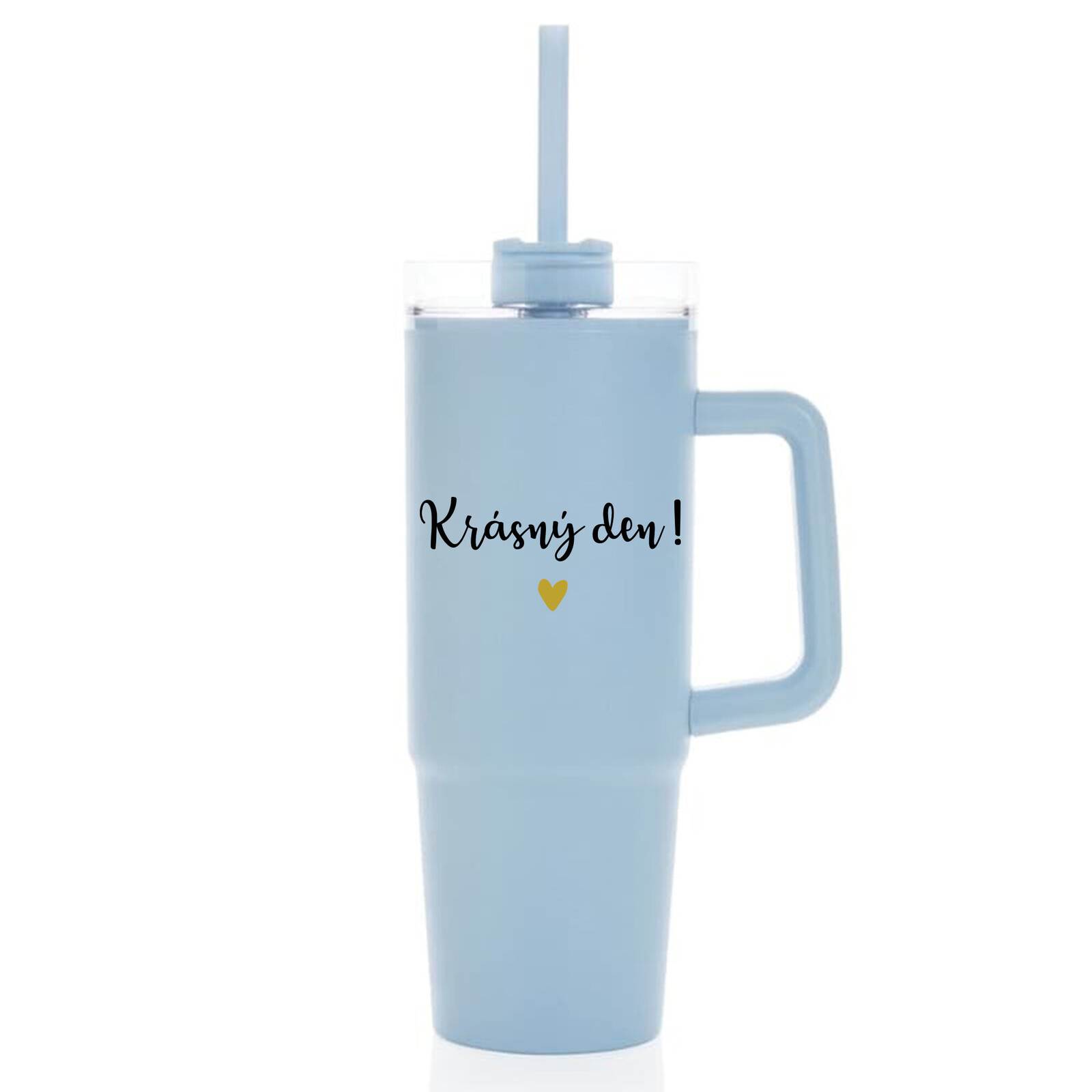 KRÁSNÝ DEN - světle modrý cestovní termohrnek s průhledným víčkem 900 ml