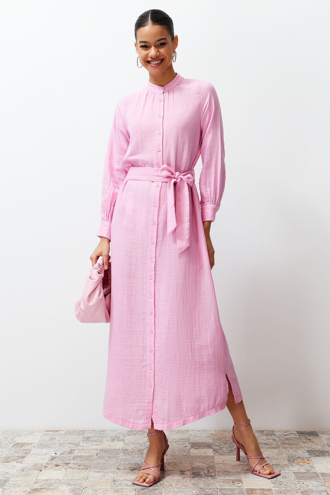 Trendyol Pink Judge Collar Belted Buttoned Woven Shirt Dress