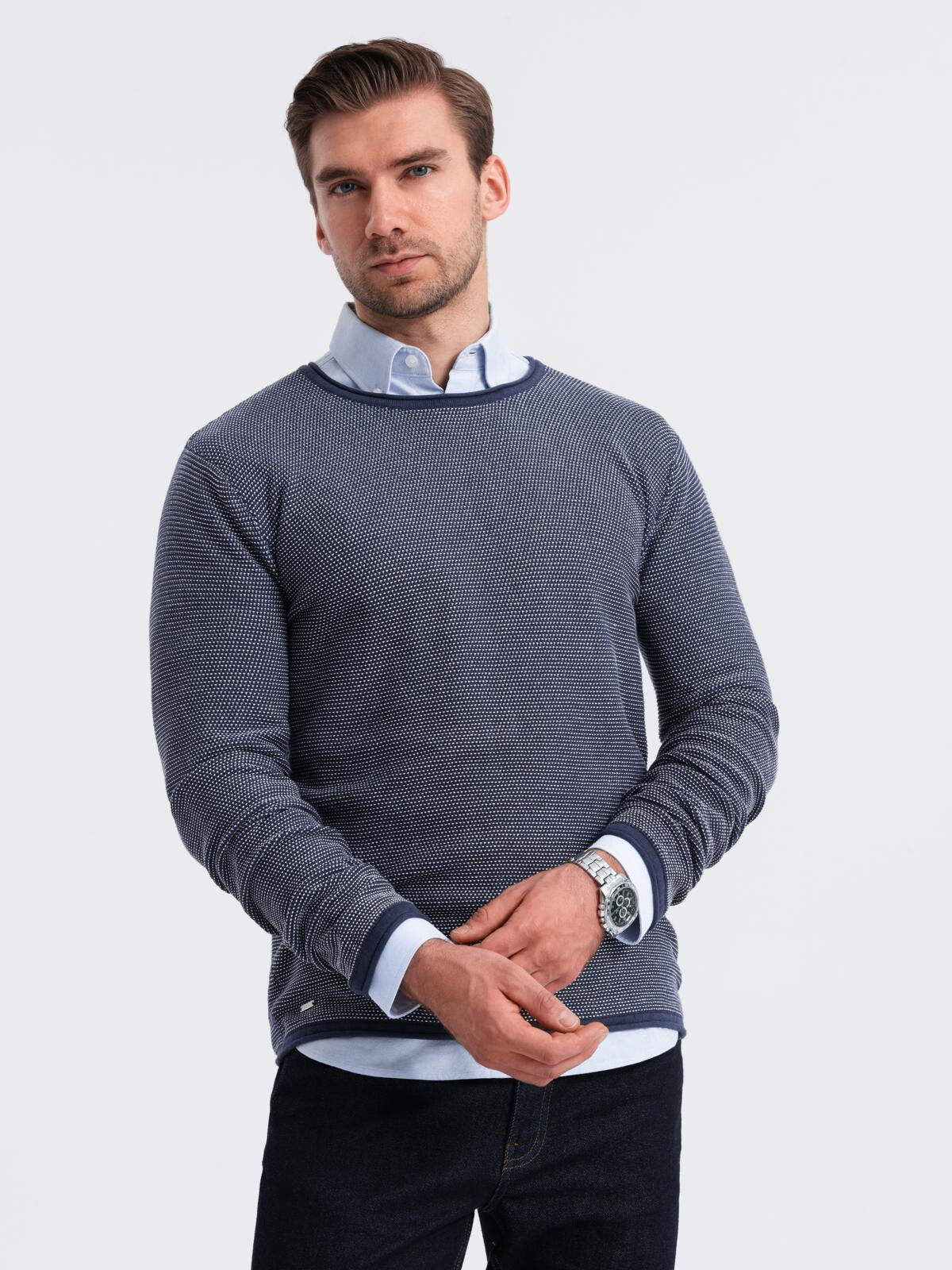 Ombre Men's knitted sweater with structured dots - navy blue