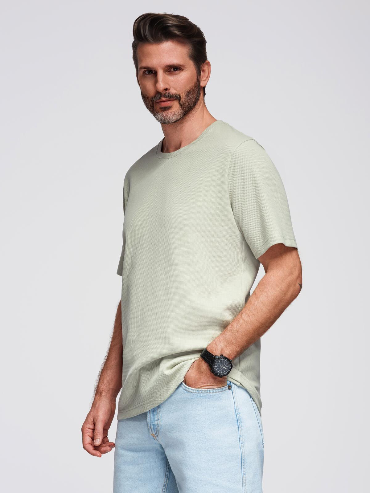 Ombre Men's waffle-textured T-shirt with round neckline - pistachio