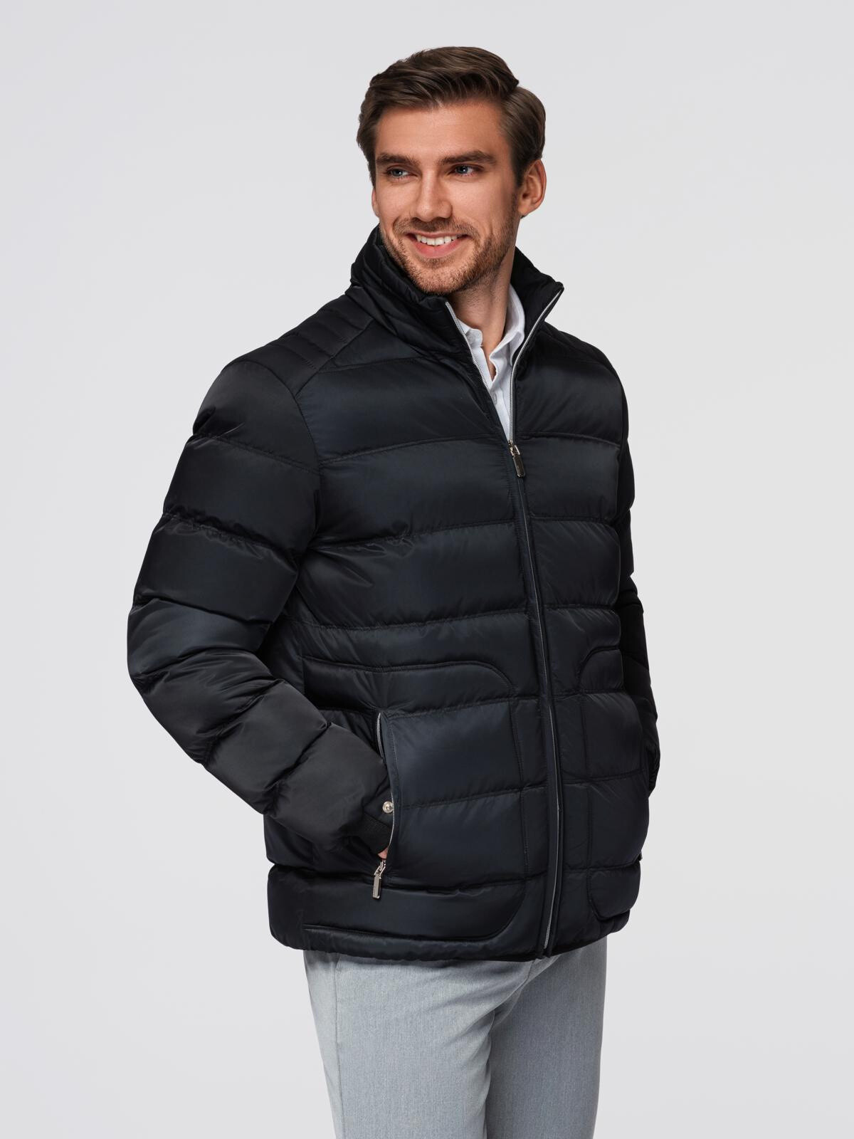 Ombre Men's quilted jacket with gloss and stand-up collar - black