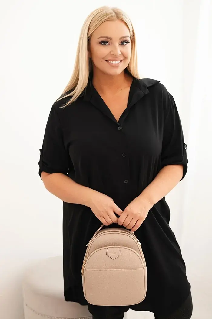 Kesi Włoski Dámska košeľová sukňa Plus Size s dlhším zadným dielom a vyhrnutým rukávom čierna