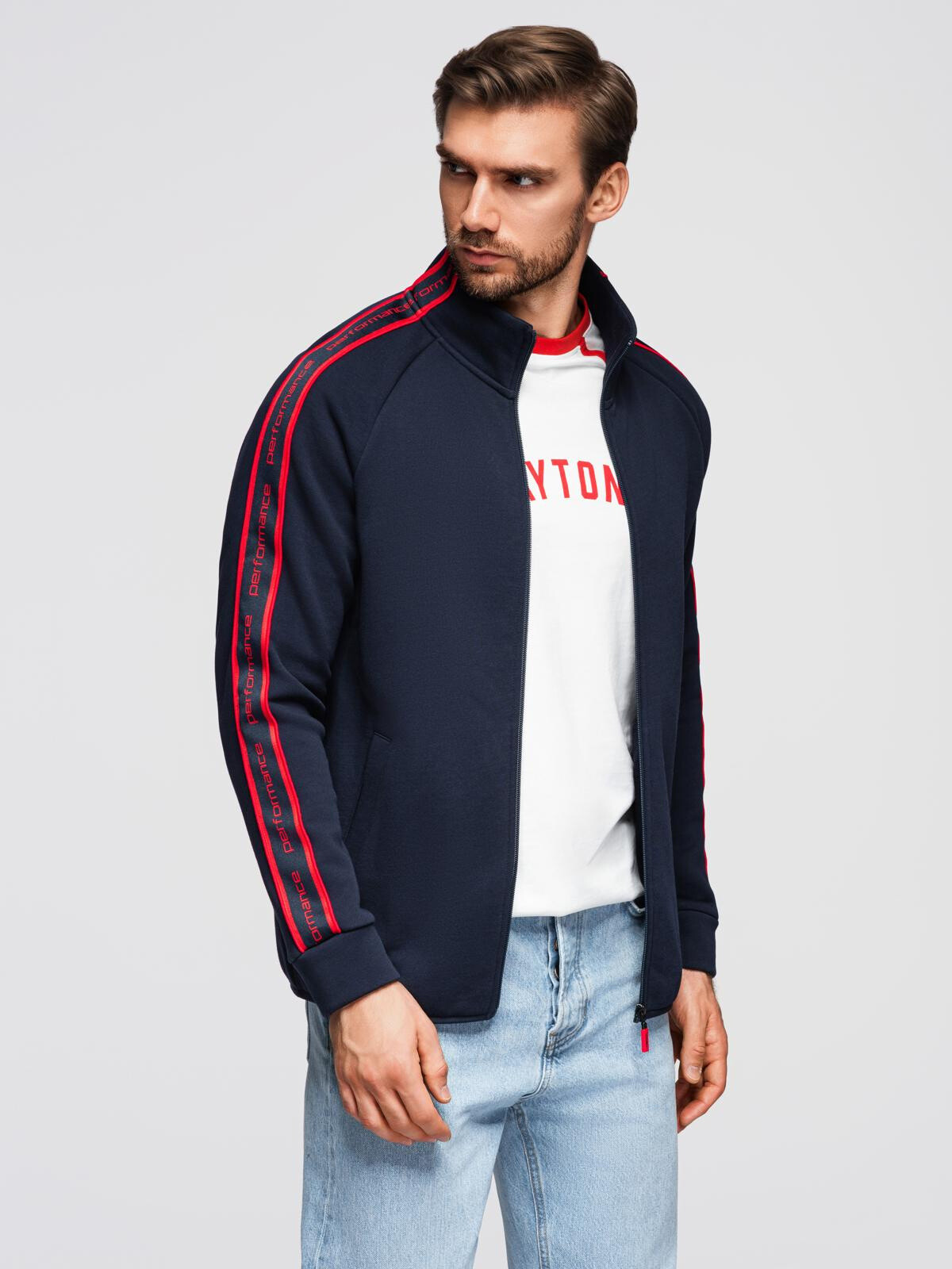 Ombre Men's unbuttoned sweatshirt with piping and high collar - navy blue