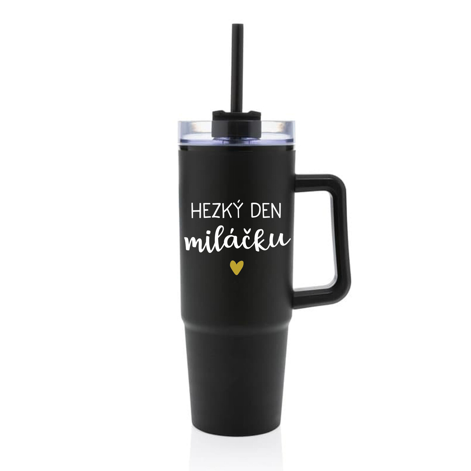 HEZKÝ DEN MILÁČKU - černý cestovní termohrnek s průhledným víčkem 900 ml