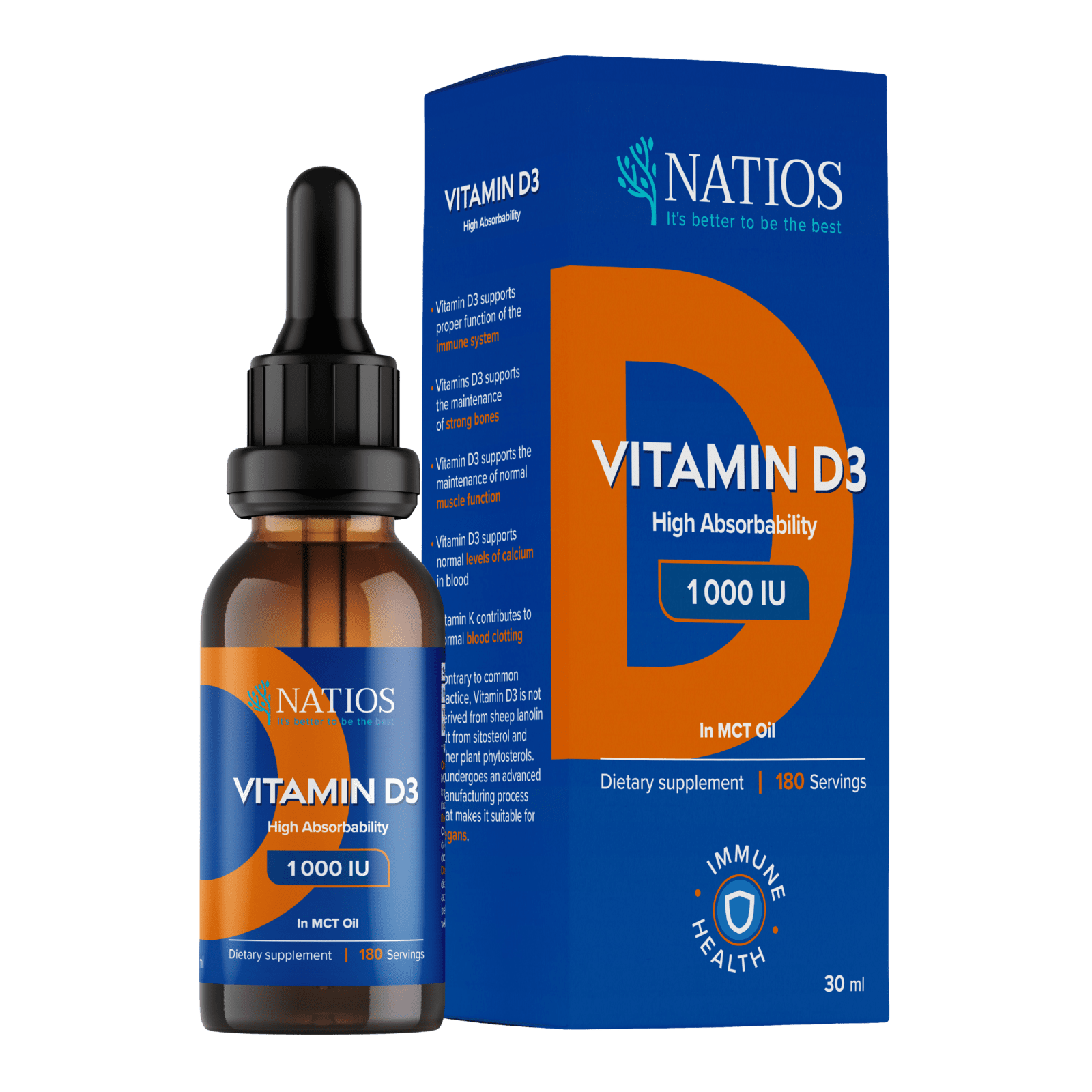 NATIOS Vegan Vitamín D3, 1000 IU, Kvapky v MCT oleji 30 ml