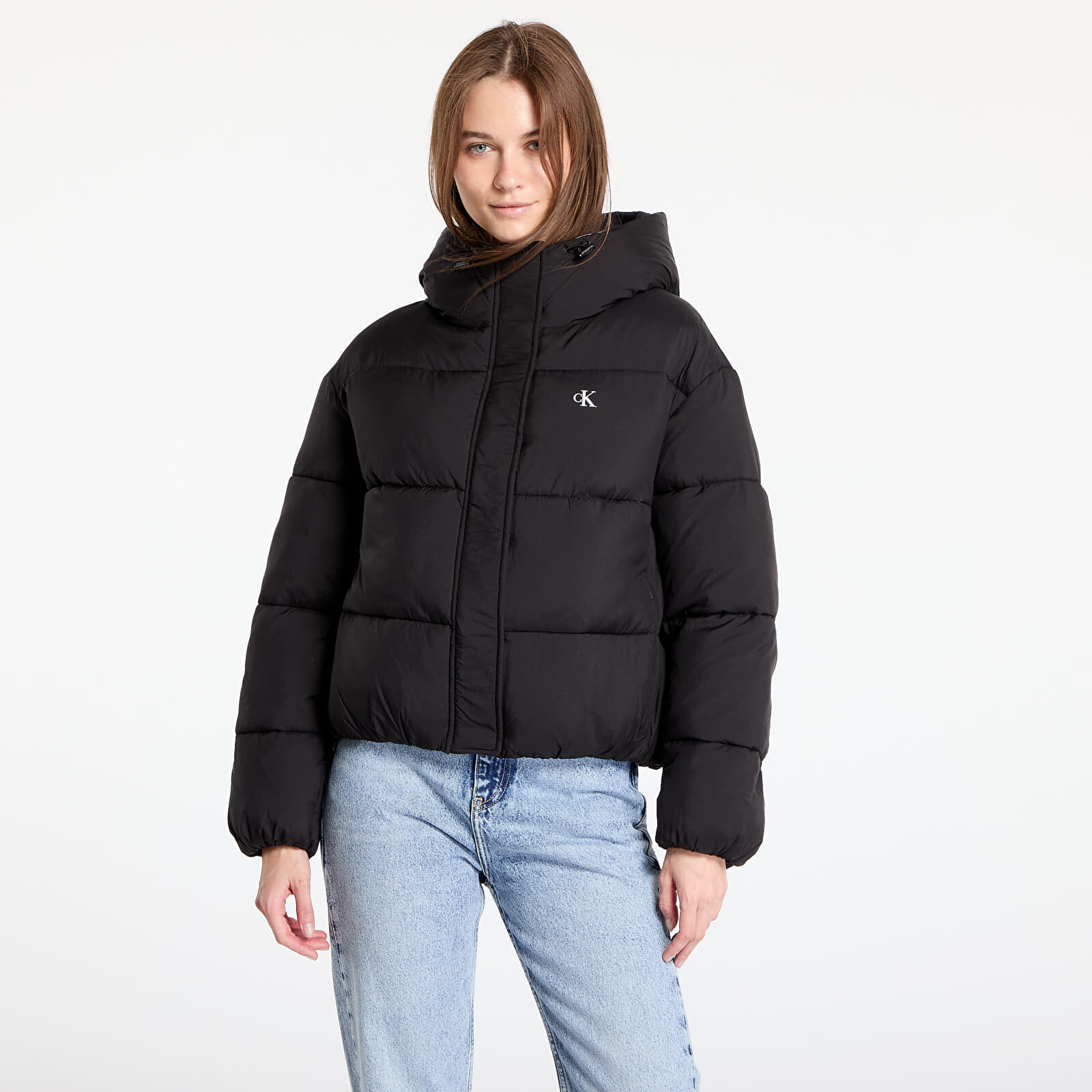 Bunda Calvin Klein Jeans Logo Short Hooded Puffer Jacket Black L