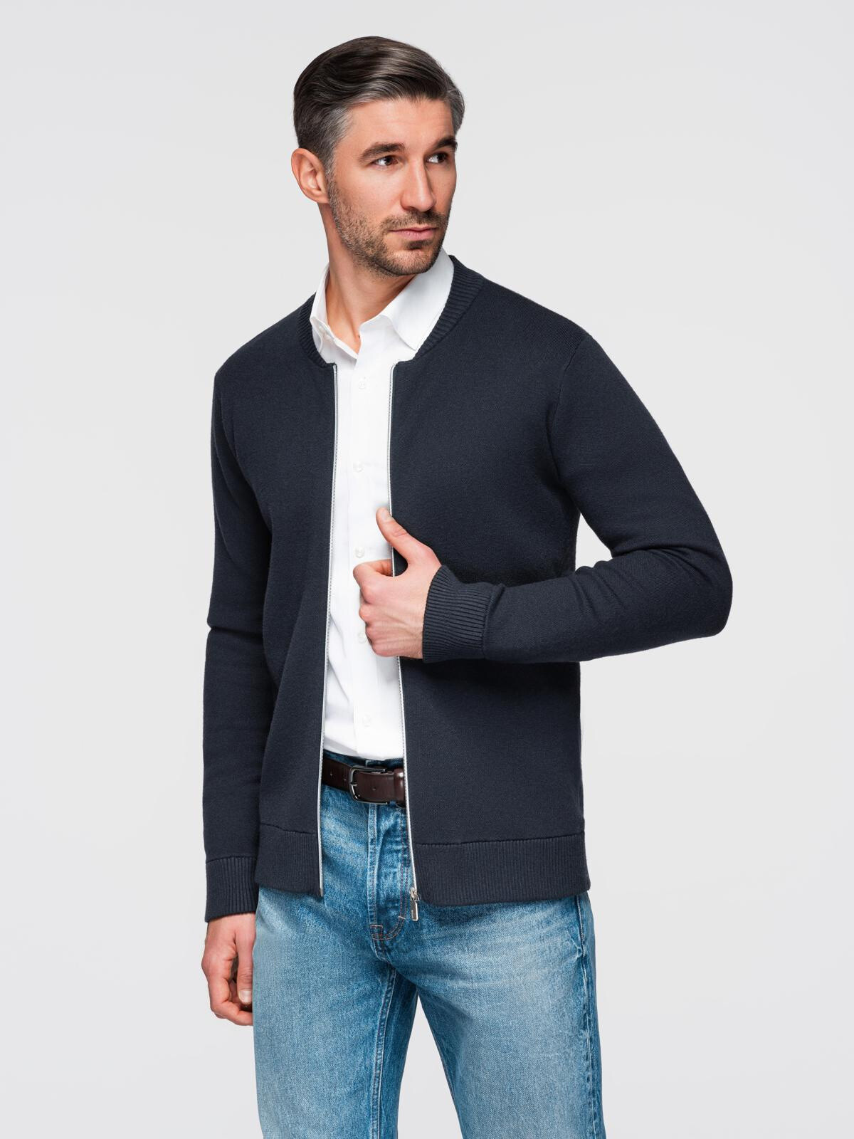 Ombre Men's smooth zip sweater - navy blue