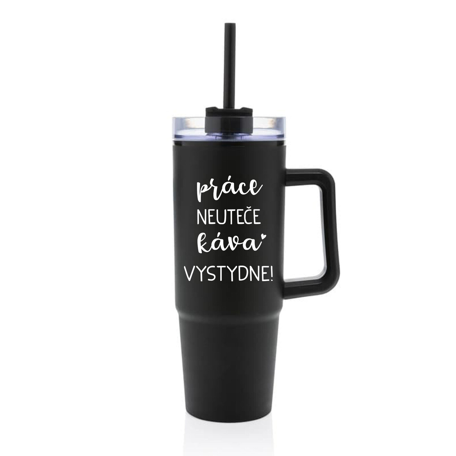 PRÁCE NEUTEČE, KÁVA VYSTYDNE! - černý cestovní termohrnek s průhledným víčkem 900 ml