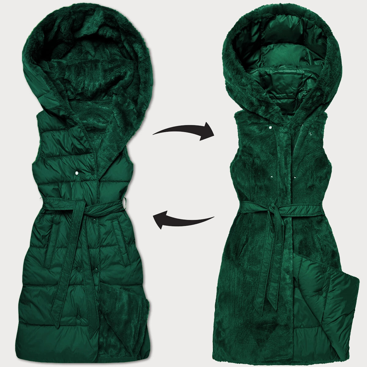 Tmavo zelená obojstranná vesta z páperia a kožušiny (P3-6035-33) odstíny zelené S (36)