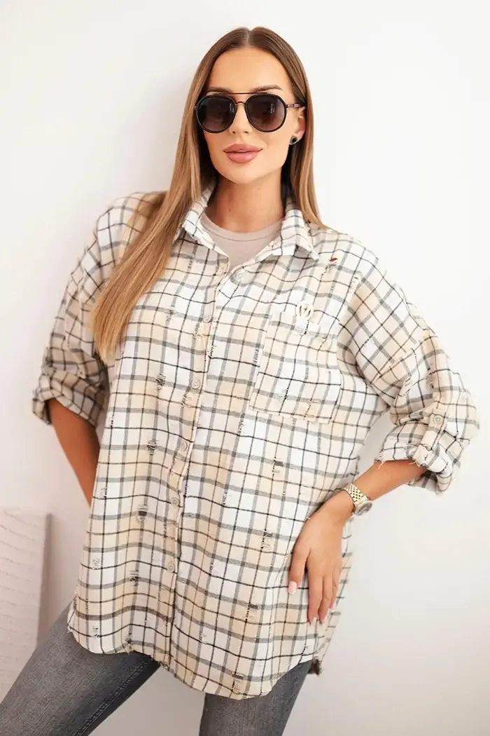 Kesi Włoski Dámska bavlnená košeľa s efektom opotrebenia kockovaná béžová