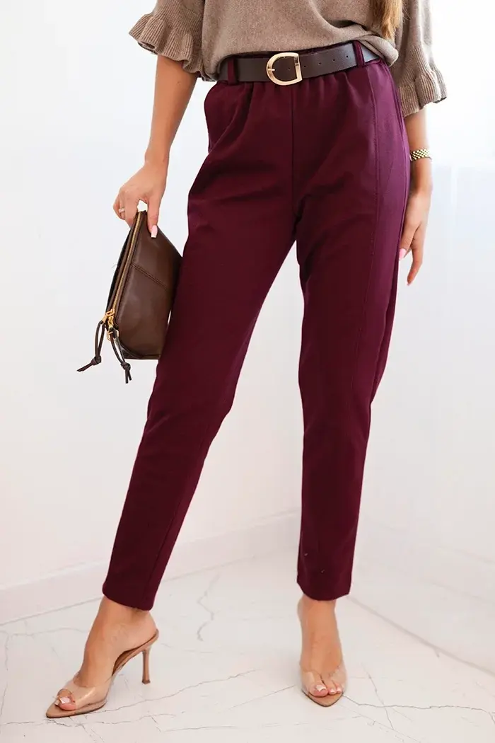 Dámske viskózové nohavice s opaskom, bordové