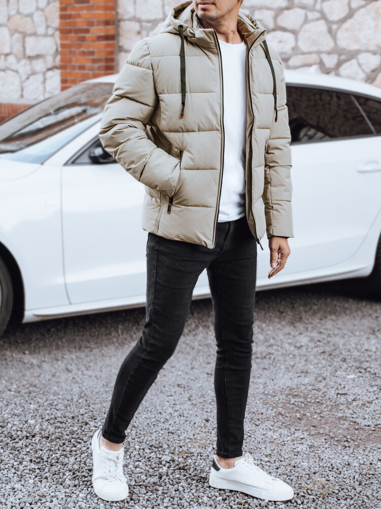 Kurtka męska zimowa pikowana z kapturem jasnobeżowa Dstreet