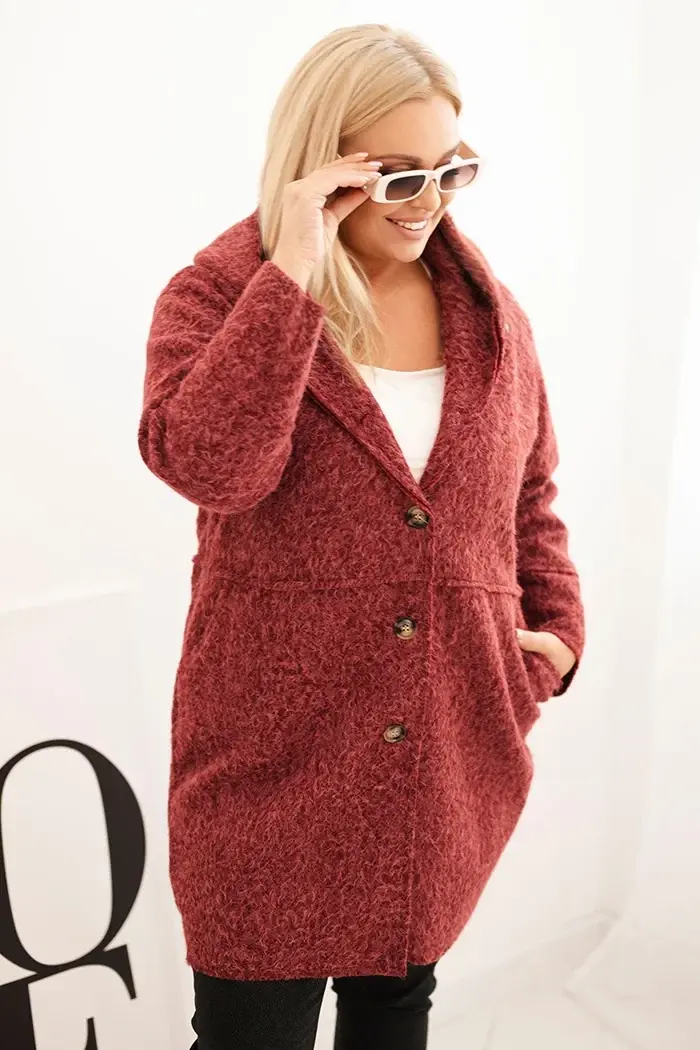 Kesi Włoski Dámsky kabát Plus Size s kapucňou a vreckami bordový