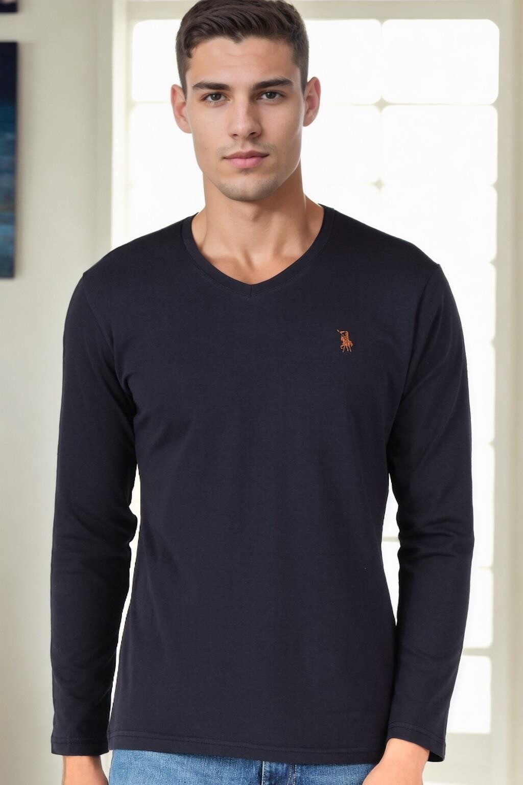 T9587 DEWBERRY V-NECK MEN'S LONG SLEEVE T-SHIRT-NAVY BLUE