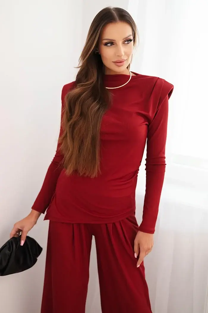 Kesi Włoski Dámsky bavlnený komplet s blúzkou a nohavicami so širokým nohavcom bordový