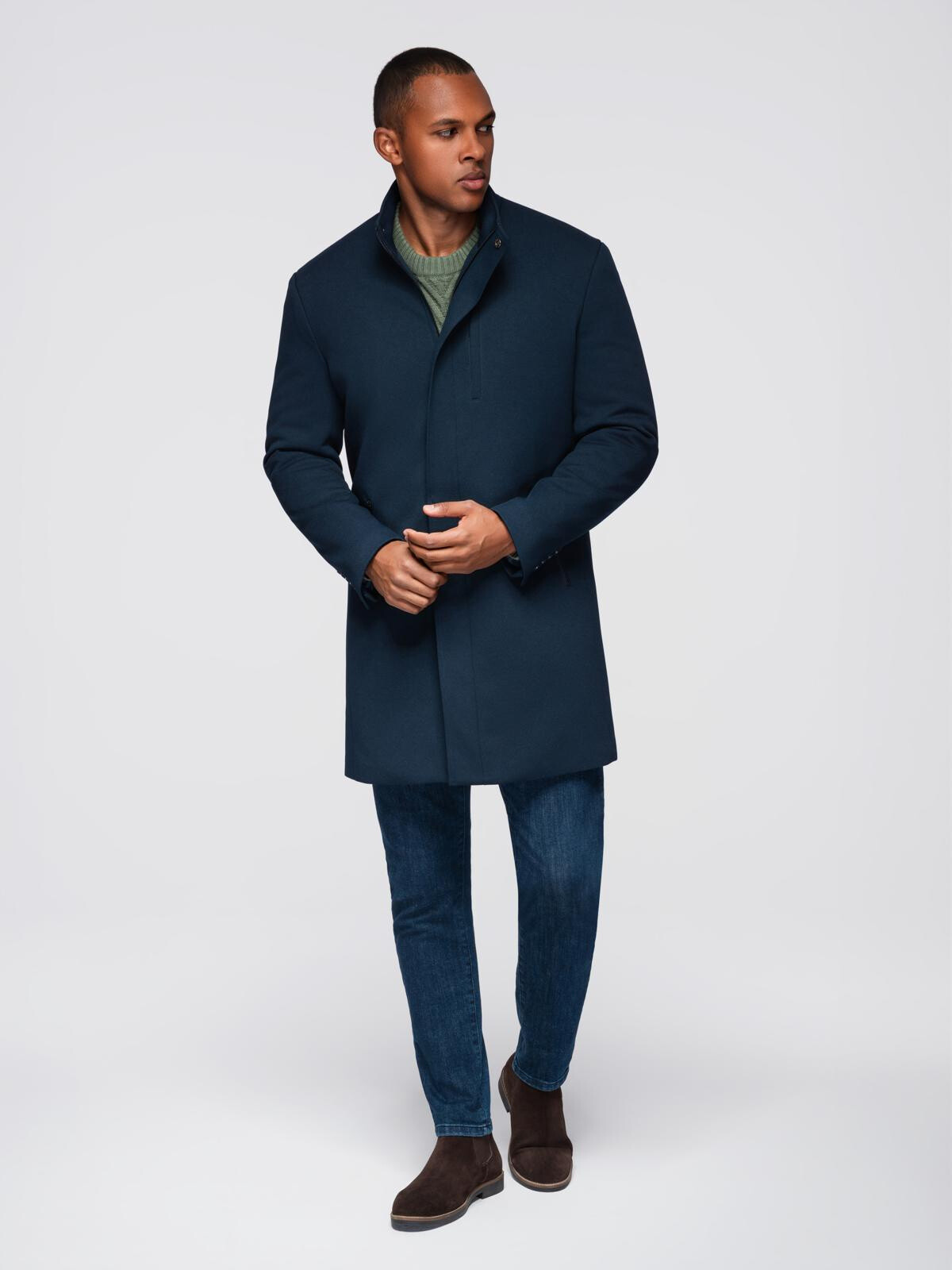 Ombre Men's tailored structured coat with high collar - navy blue