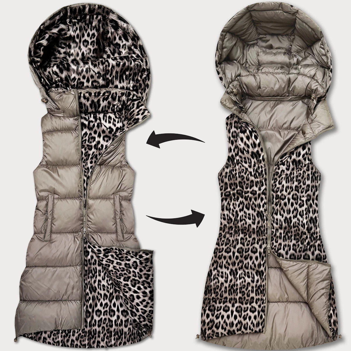 Béžová hrubšia obojstranná vesta so vzorom pantera a odnímateľnou kapucňou (T5-2602#-62) odstíny béžové S (36)