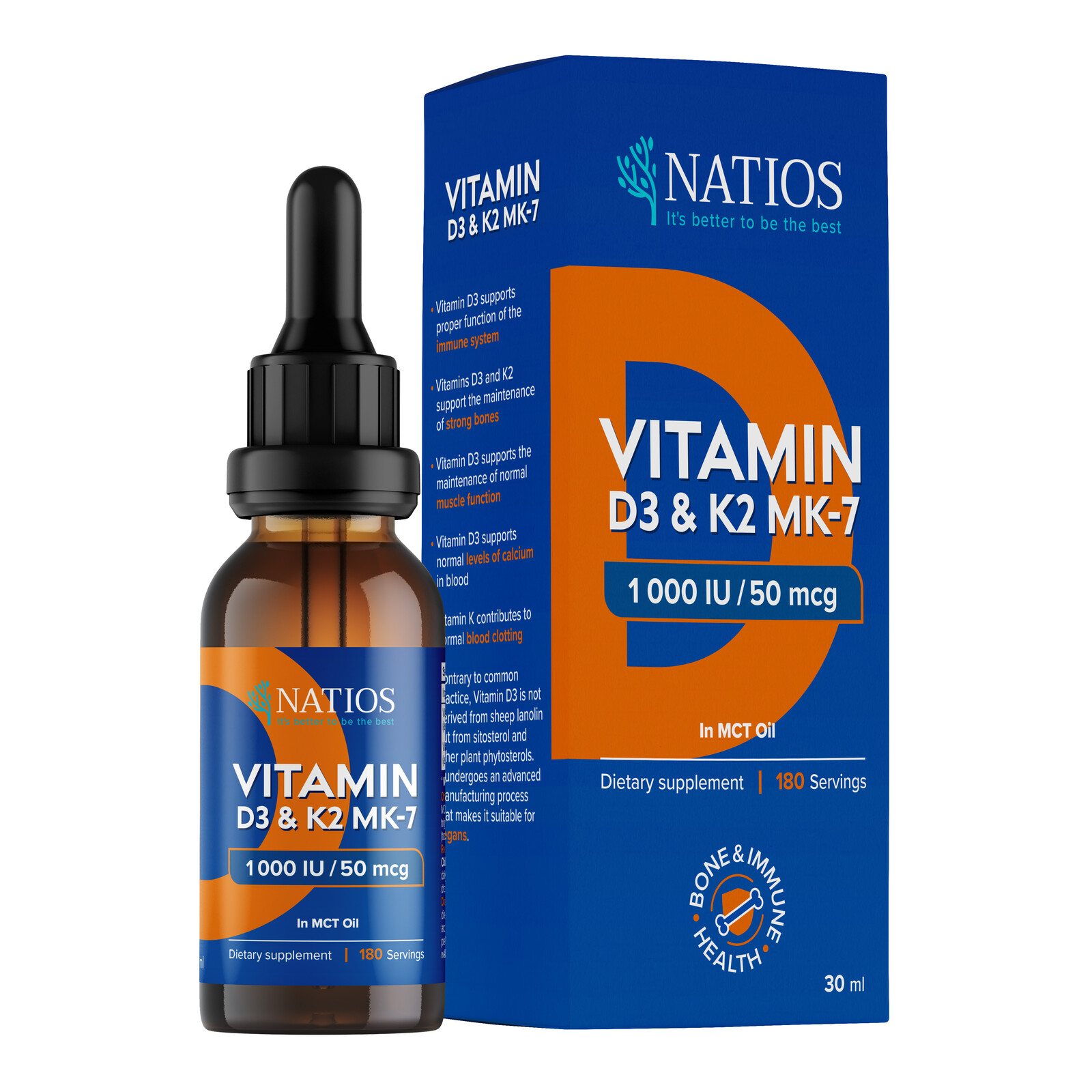 NATIOS Vegán Vitamín D3 & K2 (MK-7), 1000 IU & 50 mcg, Kvapky v MCT oleji 30 ml
