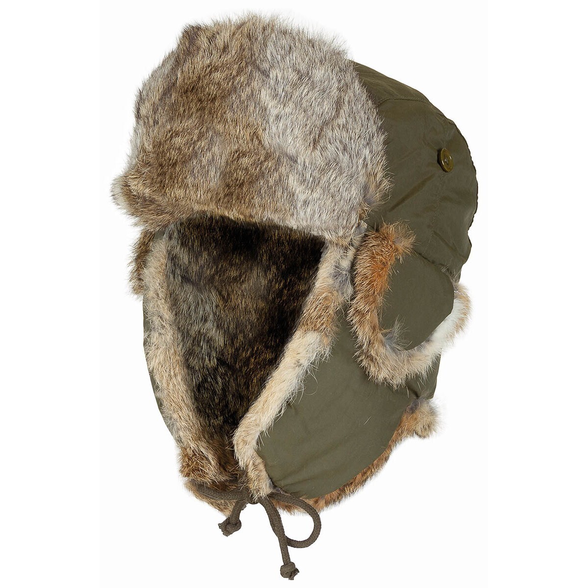 Ušianka s králičou kožušinou - olivová, M