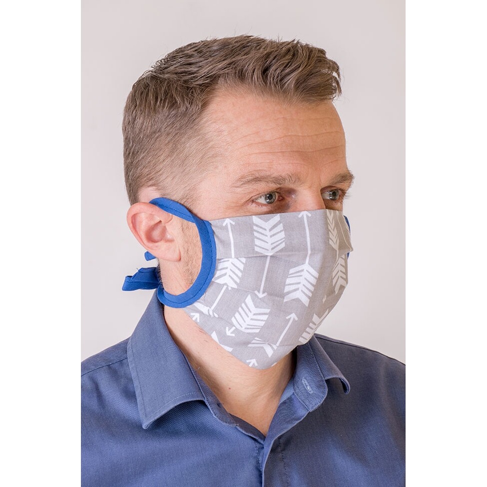 Bavlnená úpletová rúška s vreckom - sivá-svetlo modrá